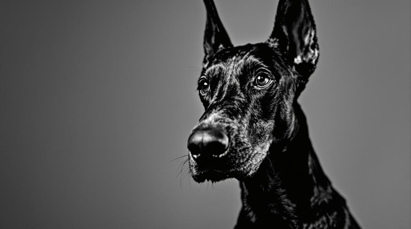 Intelligent Doberman in black and white cinematic portrait for brain games guide - alert dog showing focus and mental engagement