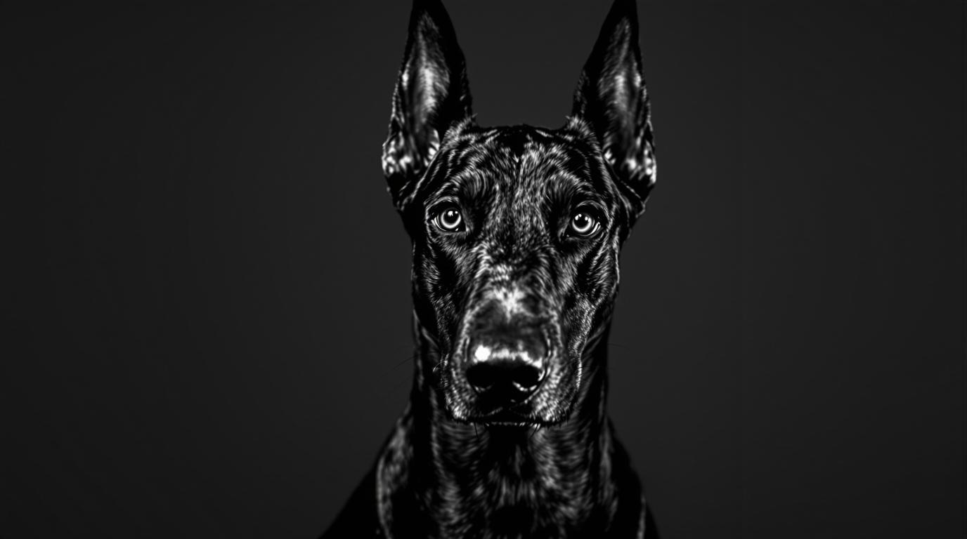 Calm healthy Doberman in black and white cinematic portrait for diet and behavior guide - serene dog showing balanced temperament and wellness
