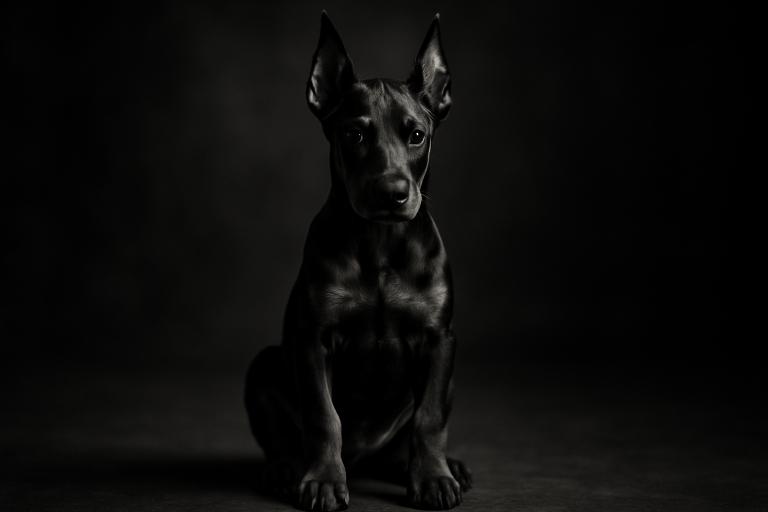Calm focused Doberman puppy sitting attentively demonstrating impulse control training with alert ears and intelligent eyes in black and white cinematic photography