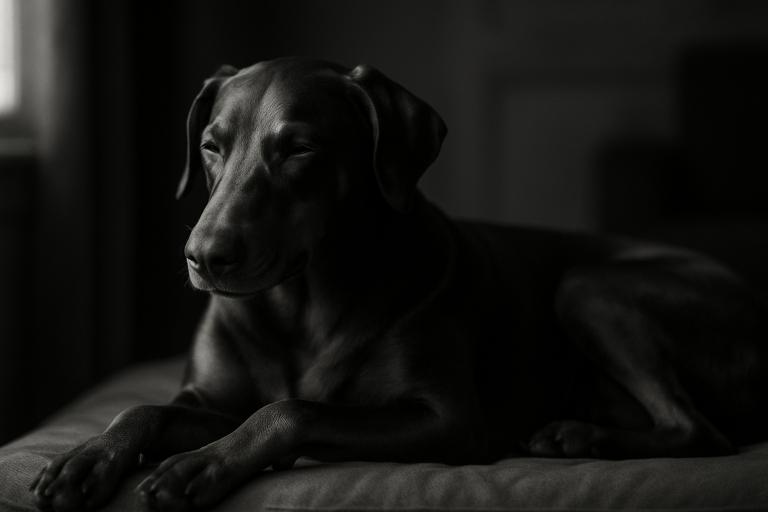 Calm relaxed Doberman Pinscher lying down peacefully showing contentment after mental stimulation and enrichment activities in black and white photography