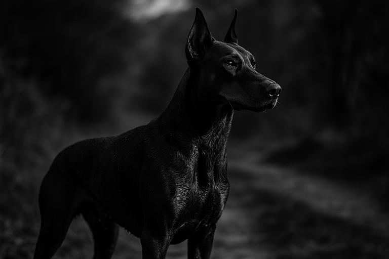 Well-groomed Doberman Pinscher standing outdoors displaying sleek healthy coat after active outdoor adventure in black and white photography