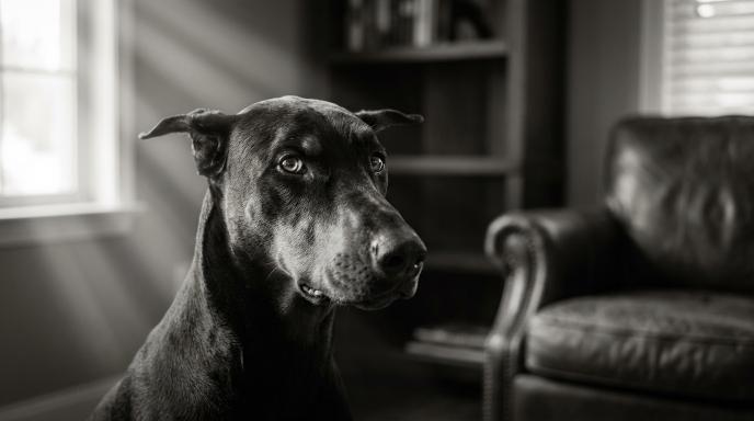Doberman Pinscher displaying stress signals with alert expression and whale eye in black and white cinematic photograph