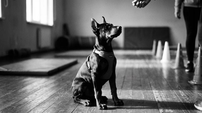 Alert Doberman puppy sitting attentively during early training session in black and white cinematic photograph
