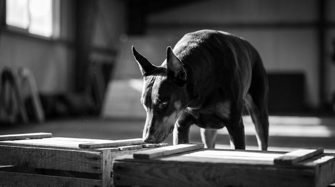 Alert Doberman with nose down actively sniffing during nosework scent detection training in black and white cinematic photograph