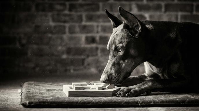 Adult Doberman Pinscher engaged in mental enrichment activity showing focus and intelligence, captured in black and white cinematic photography demonstrating the breed's natural curiosity and problem-solving abilities
