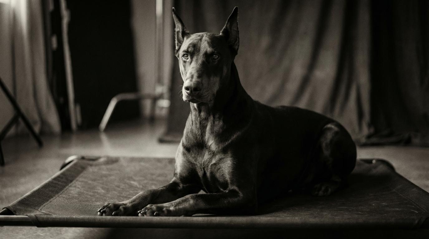 Doberman Pinscher lying calmly on training mat in black and white photograph for complete training mats guide