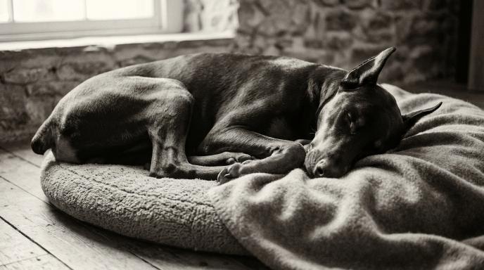 Peaceful Doberman Pinscher sleeping comfortably on dog bed in black and white photograph for sleep and behavior guide