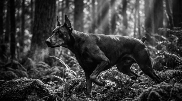 Doberman Pinscher in stalking hunting position showing prey drive behavior in black and white cinematic forest photograph for managing prey drive training guide