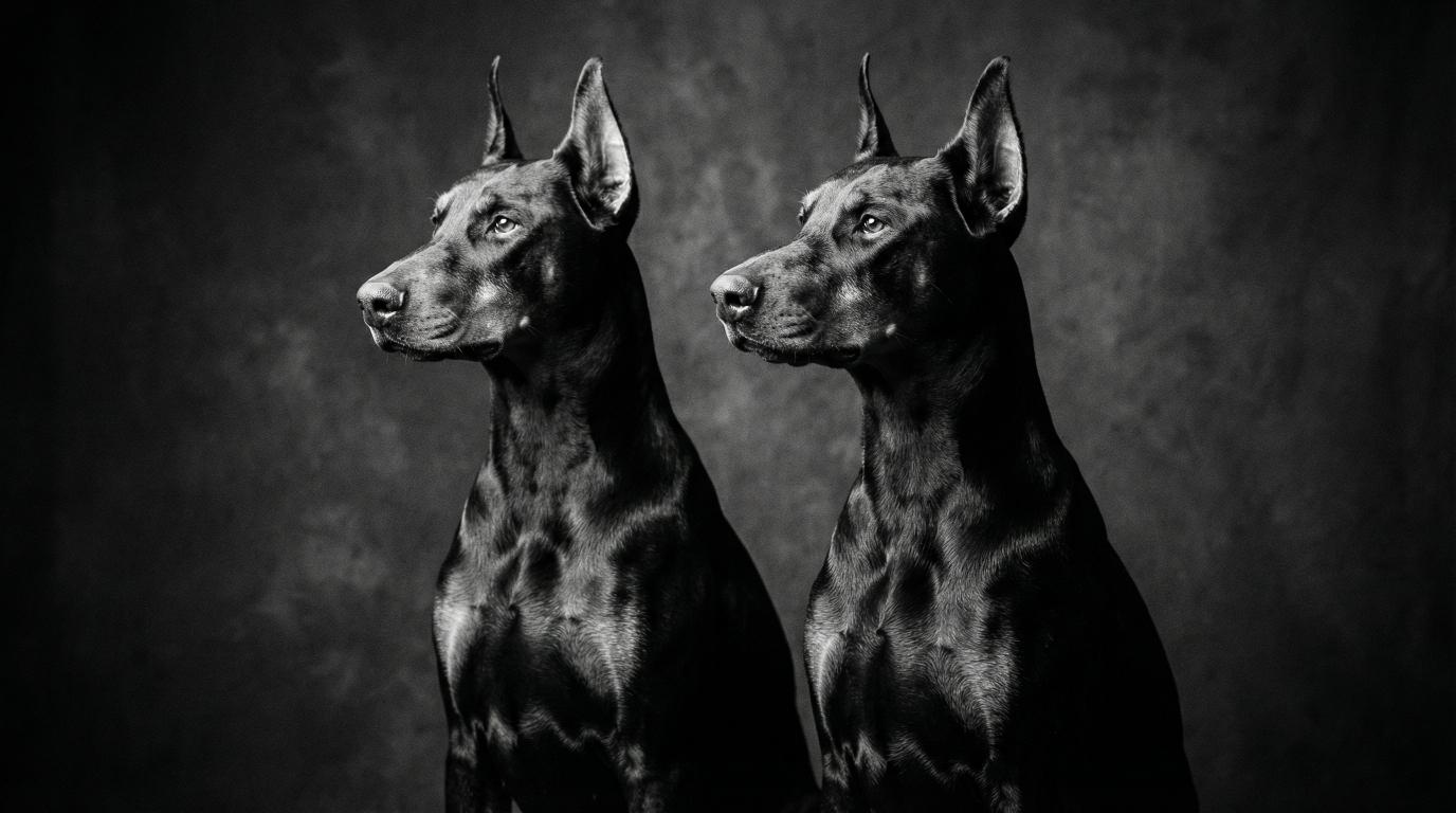 Two Doberman Pinschers sitting calmly side by side in black and white cinematic photography, demonstrating pack unity and disciplined behavior for multi-dog household management