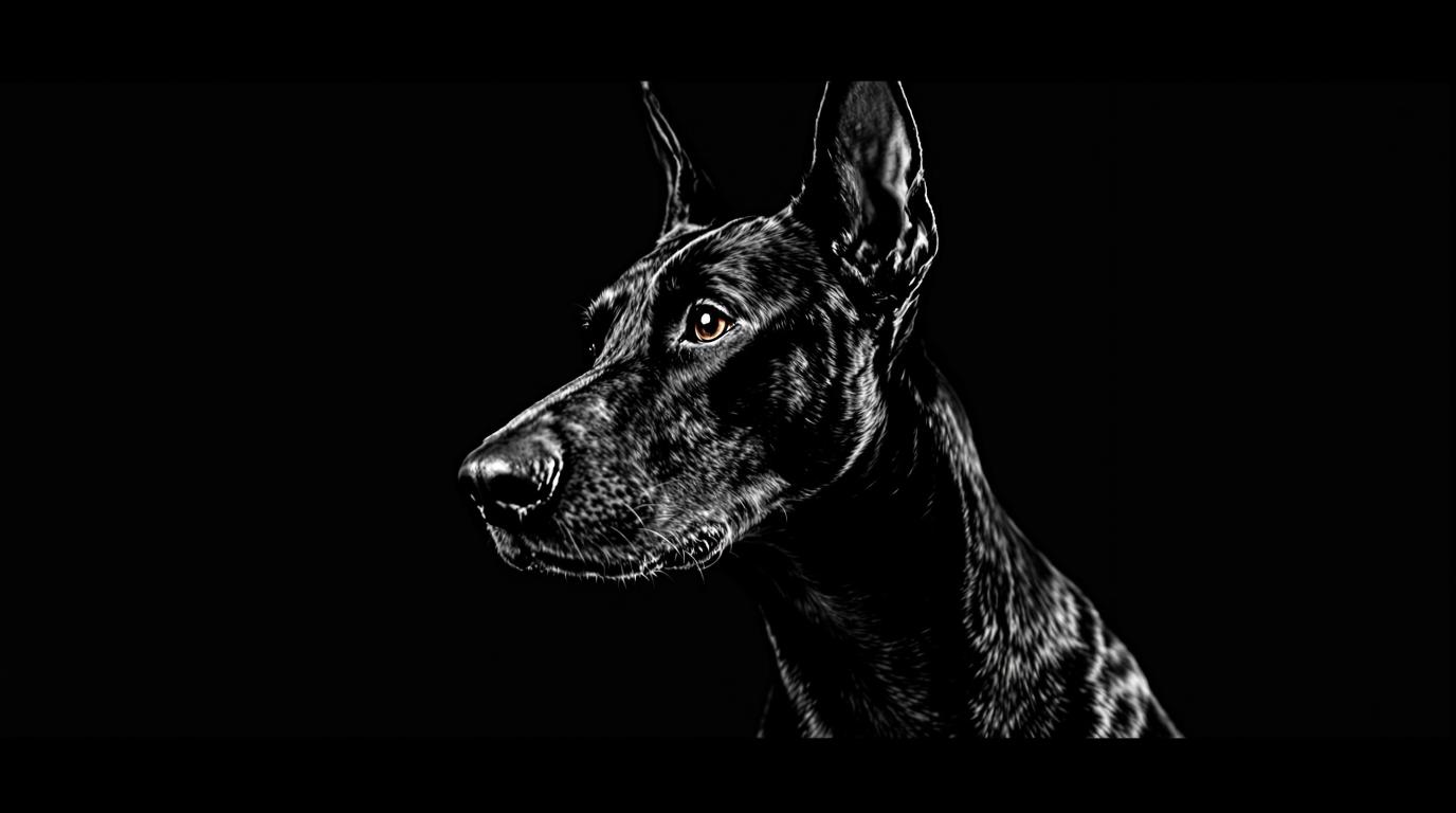 Alert Doberman Pinscher with intelligent focused expression in black and white cinematic portrait showing breed's natural guarding instincts and trainability