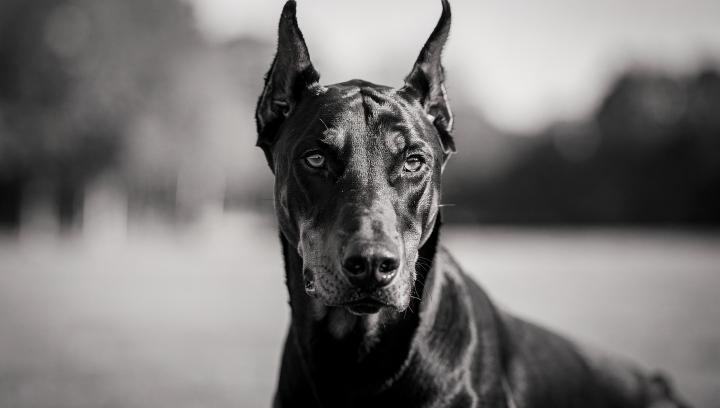 Doberman Pinscher showing intense focused eye contact and attention during training session in black and white cinematic photograph