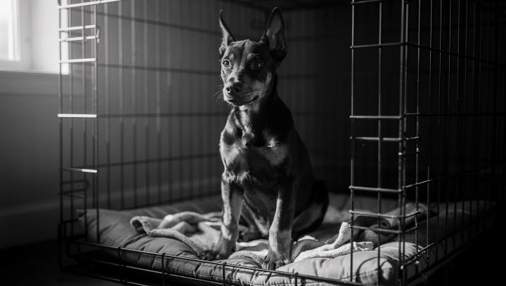 Doberman puppy sitting comfortably inside properly-sized wire crate showing adequate space and proper fit for crate training