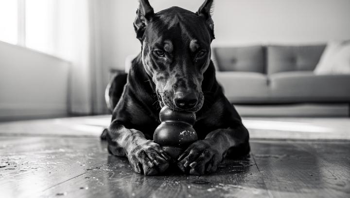Doberman Pinscher chewing on durable black rubber KONG toy in black and white photograph showing safe chew toy for large breed dogs