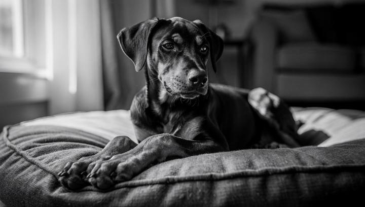Calm Doberman puppy resting peacefully on dog bed after exercise showing transformation from hyperactive to relaxed behavior in black and white photograph